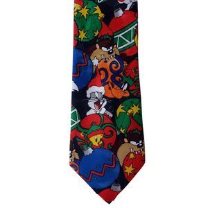 VTG Looney Tunes Mania Christmas Bulbs Neck Tie Holiday Cartoon 90s